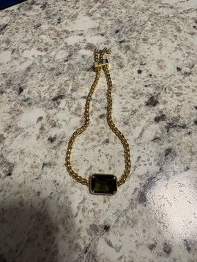 Gold Chain Bracelet with Olive Green Rectangular Stone - Women Jewelry